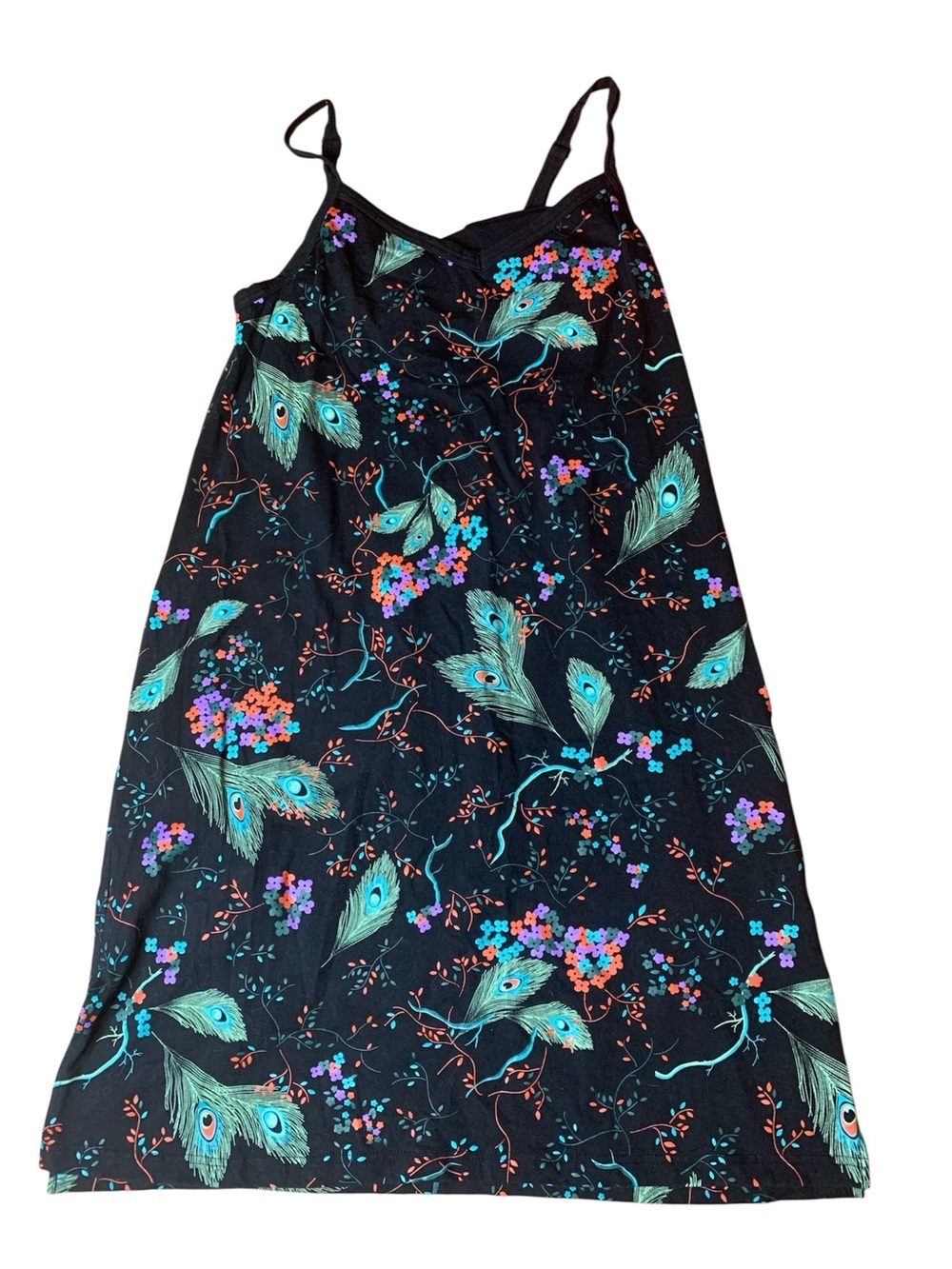 Peacock Feather Print Cami Dress | Boho Spaghetti Strap Tunic Size Small